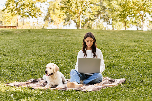 A young woman in cozy autumn attire is focused on her laptop, serenely enjoying the park.