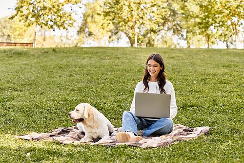 A young woman, dressed for autumn, relaxes in the park with her laptop and loyal dog by her side.