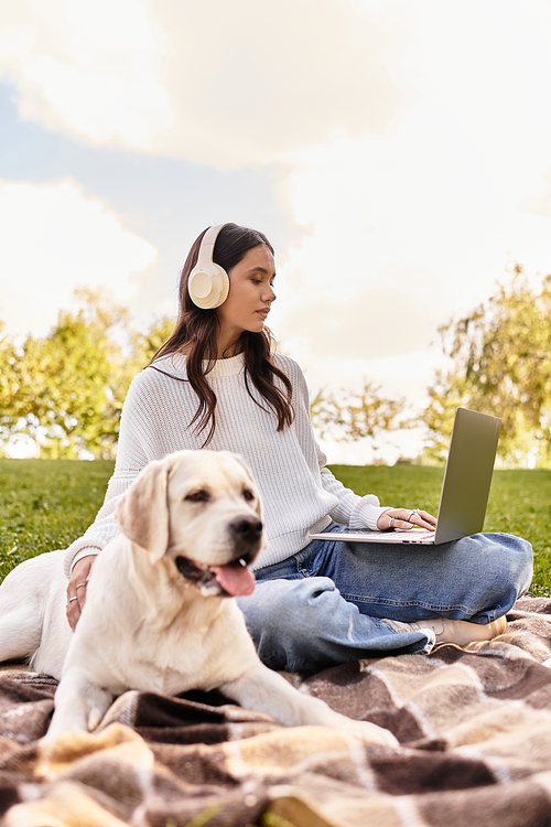 A young woman works on her laptop outdoors with her loyal dog beside her in autumn colors.