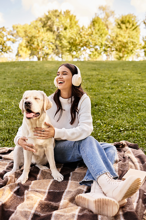 Wrapped in warm autumn attire, a young woman enjoys a sunny day in the park with her dog.