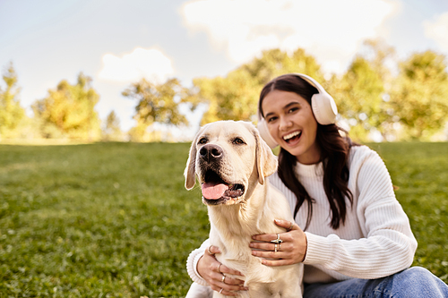 A young woman in cozy attire relaxes in the park, playfully engaging with her happy dog.