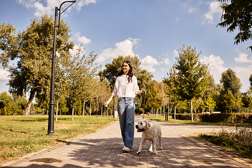 A beautiful young woman dressed in cozy autumn clothes strolls with her dog in the park.