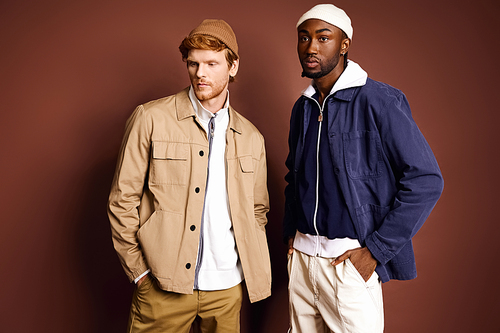 Two stylish multicultural men standing in front of a brown wall.