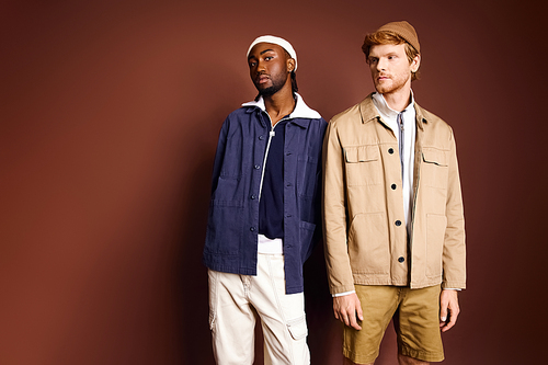 Two stylish men stand gracefully by a brown wall.