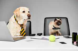 A cat and a dog are sitting together in an office chair, showing a unique bond between unlikely companions.