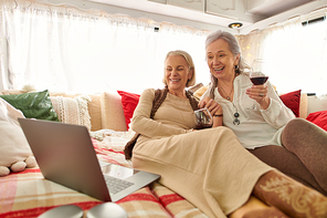 A lesbian couple enjoys a glass of wine and a laptop in their cozy camper van during their trip.