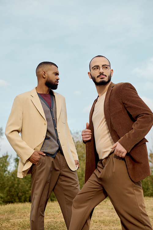 Handsome men showcase chic autumn outfits while posing confidently in a serene, natural landscape.