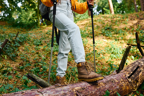 A young African American woman explores a forest trail, embracing the beauty of autumn foliage on her hike.