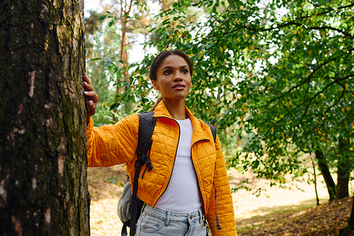 A young African American woman enjoys an autumn hike, surrounded by colorful foliage and fresh air.