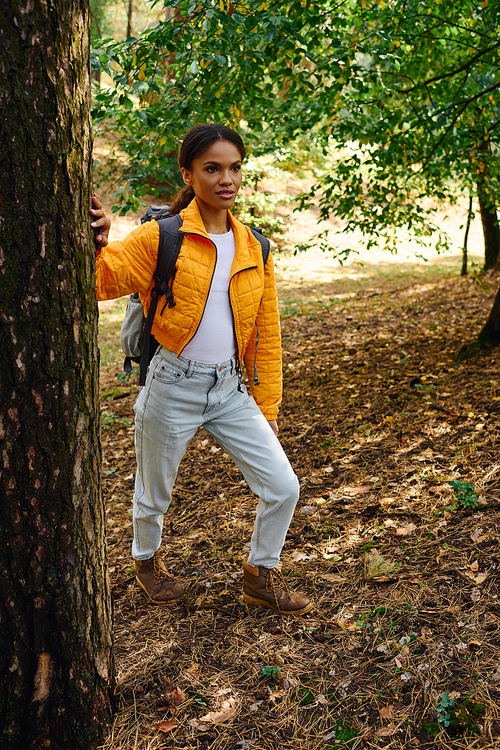 A young African American woman embraces the beauty of autumn while hiking through a colorful forest.