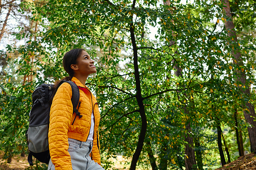 A young African American woman explores a lush forest on an autumn day, radiating joy and adventure.