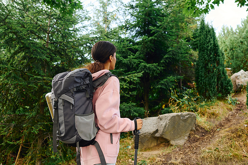 A young African American woman hikes through a vibrant autumn forest, embracing nature beauty.