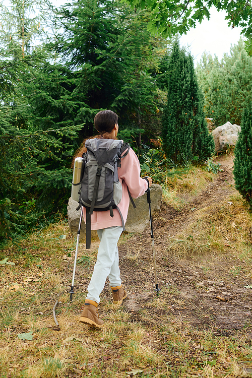 A young African American woman hikes through a vibrant forest, embracing the autumn beauty and adventure.