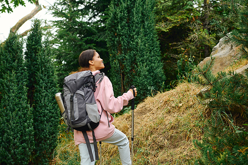 A young woman embarks on an exciting hike surrounded by vibrant autumn foliage in the forest.