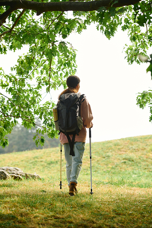 A young African American woman explores a vibrant autumn forest, embracing nature on her hike.