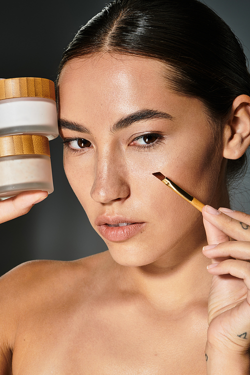 The woman highlights skincare jars and expertly applies makeup with a brush, exuding confidence.