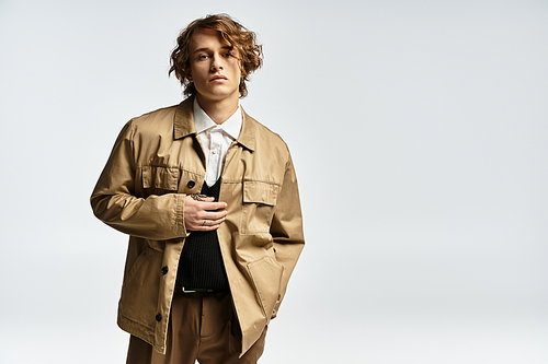 A dapper young man with wavy hair showcases a fashionable autumn look in a modern studio environment.