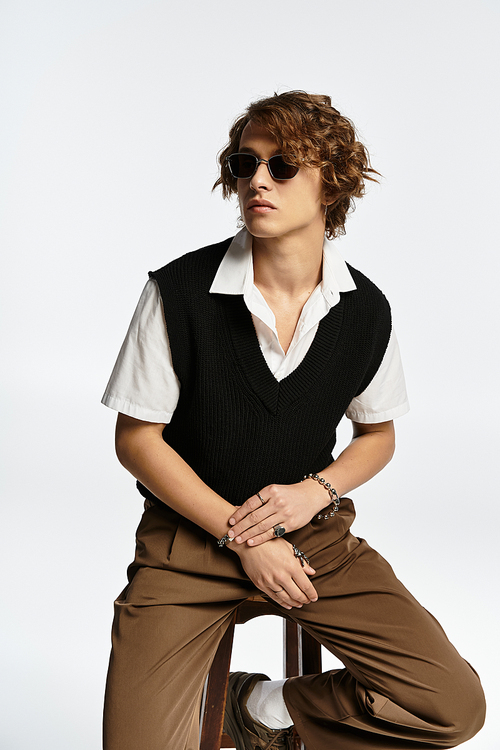 A young man with wavy hair showcases his fashion sense in a chic autumn outfit while seated in a studio.