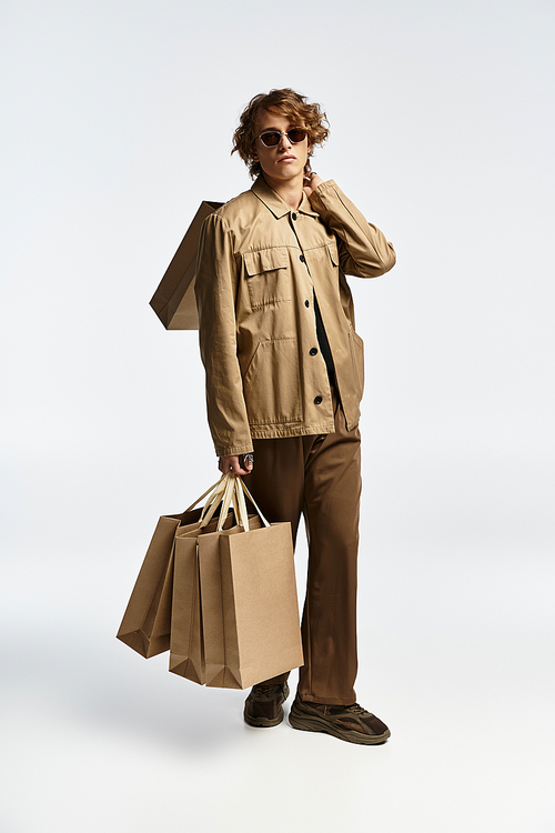 A handsome young man in a chic autumn outfit poses confidently in a modern studio.