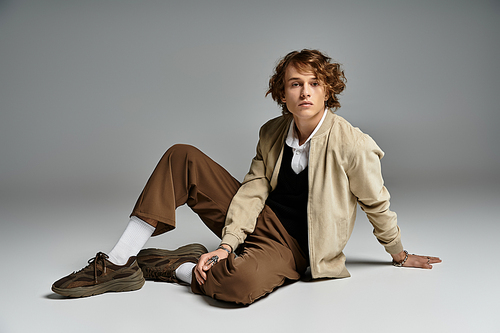 This handsome young man poses confidently in an elegant autumn outfit amidst a contemporary studio backdrop.