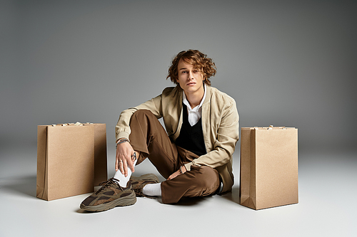 A handsome young man showcases an elegant autumn outfit while seated in a studio, exuding warmth and style.