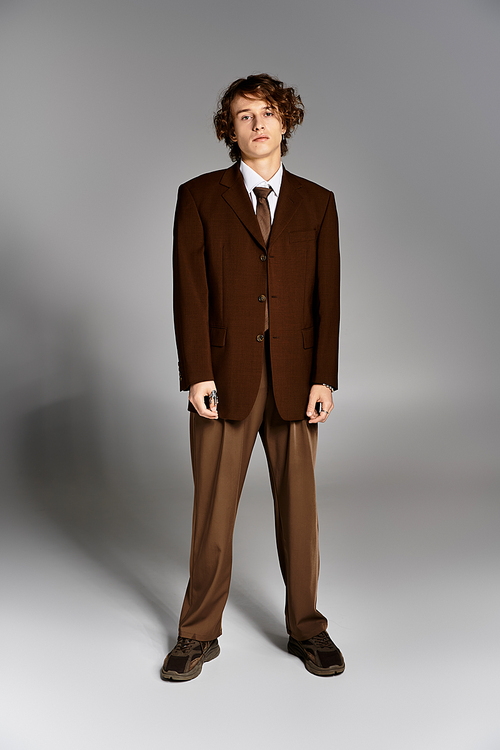 Dressed in a brown suit a young man stands confidently in a sleek studio environment.