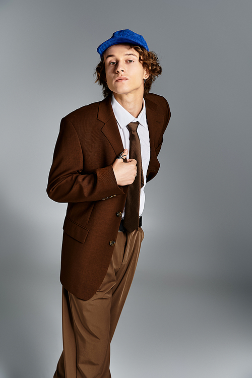 A young man dressed in a brown suit and cap confidently poses against a sleek studio backdrop.