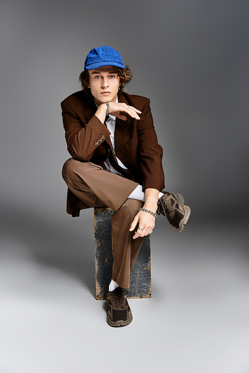 A young man displays confidence in a brown suit and baseball cap, striking a unique pose in a studio.