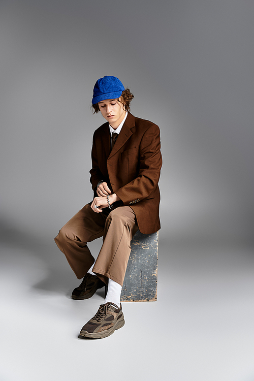 A handsome young man in a brown suit and baseball cap gazes down at his watch in a vibrant studio.