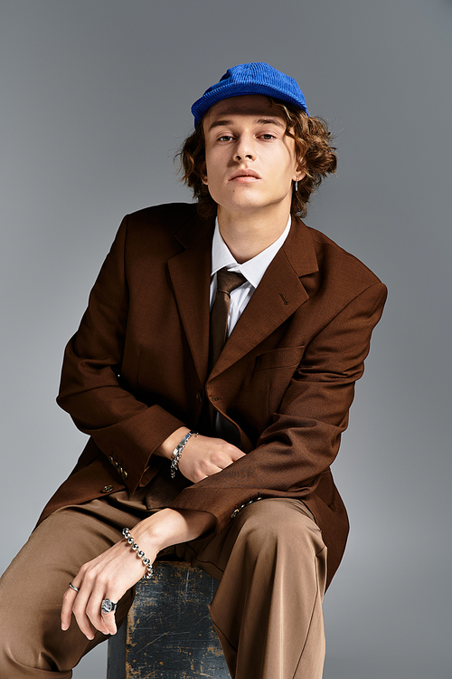 A charming young man dressed in a brown suit and baseball cap sits confidently, showcasing style and flair.