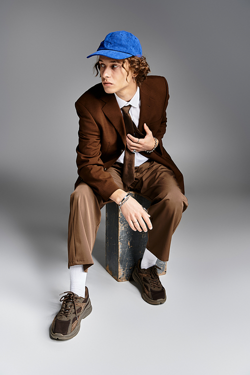 A handsome young man dressed in a brown suit and blue cap sits contemplatively on a box in the studio.