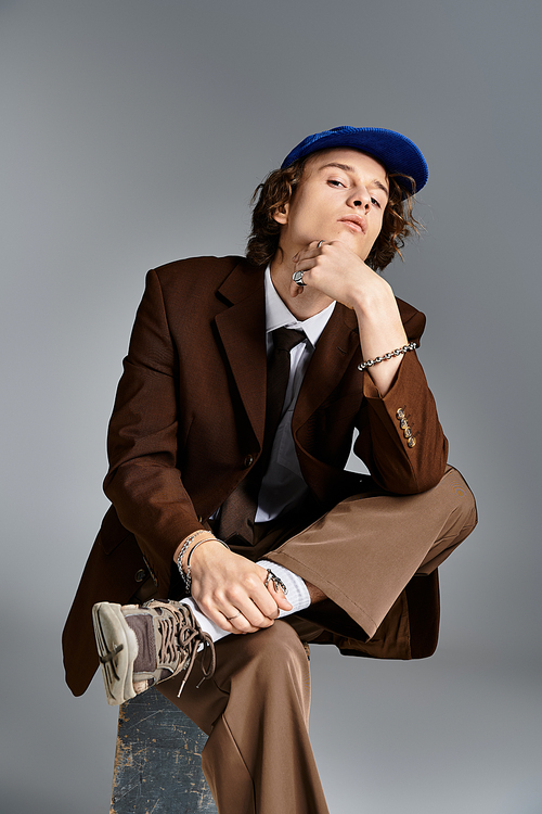 A stylish young man exudes charm in a brown suit and baseball cap, showcasing his unique fashion sense.