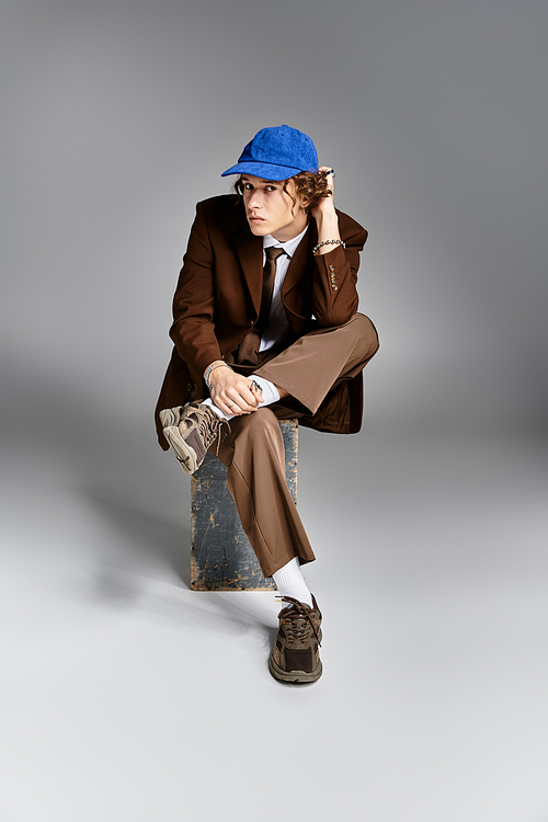 A stylish young man in a brown suit and baseball cap showcases his unique vibe in a sleek studio space.