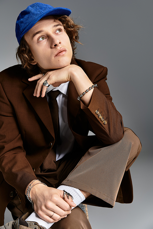 A stylish young man wearing a brown suit and baseball cap looks thoughtfully away, showcasing his unique style.