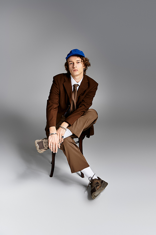 A confident young man sits elegantly on a chair, dressed in a brown suit and blue baseball cap, exuding charm.