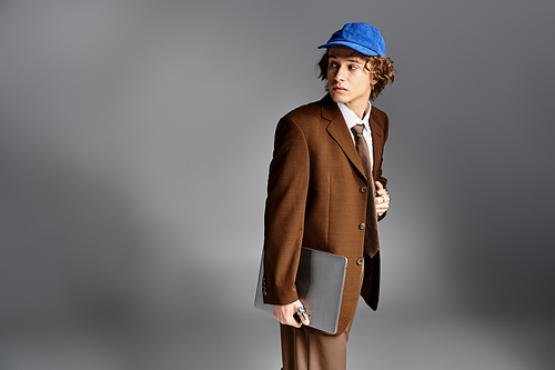 A dapper young man, dressed in a brown suit and cap, stands poised in a modern studio, exuding charm.