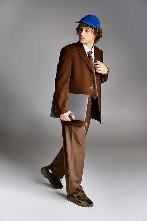 A young man dressed in a chic brown suit and baseball cap strides gracefully, holding a laptop in hand.