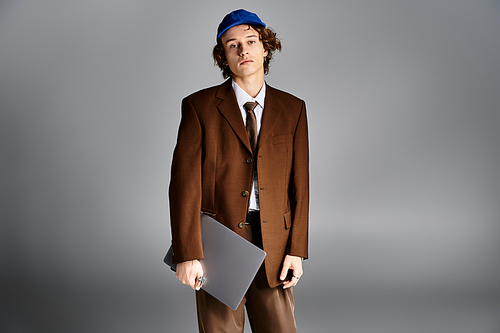 A stylish young man stands confidently in a studio, dressed in a brown suit paired with a baseball cap.