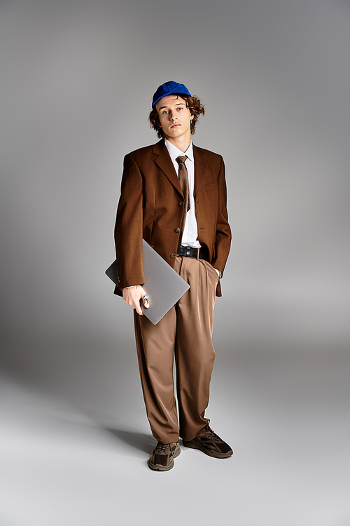 A young man stands poised in a brown suit and baseball cap, holding a laptop while showcasing his unique style.