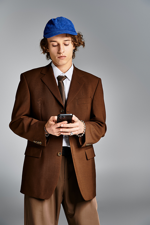 A stylish young man dressed in a brown suit and blue cap engages with his phone in a sleek studio.