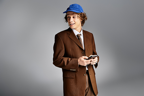 A young man sporting a brown suit and colorful baseball cap stands in a sleek studio, looking engaged and confident.