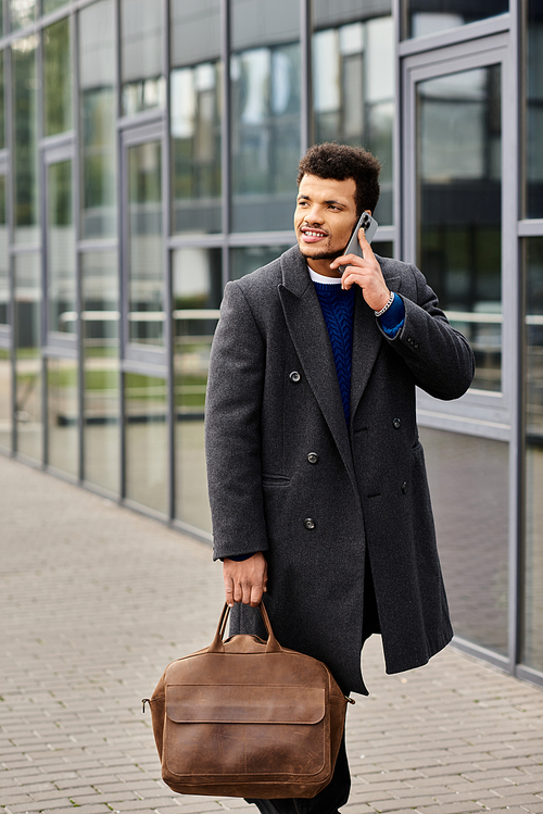 A well dressed man engages in a phone conversation while strolling by a contemporary office space.