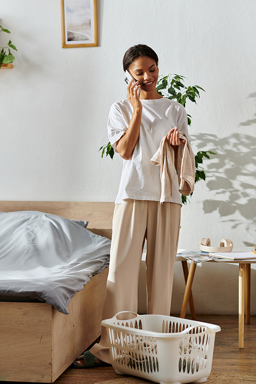 A young African American woman is tidying up her modern apartment while chatting on the phone.