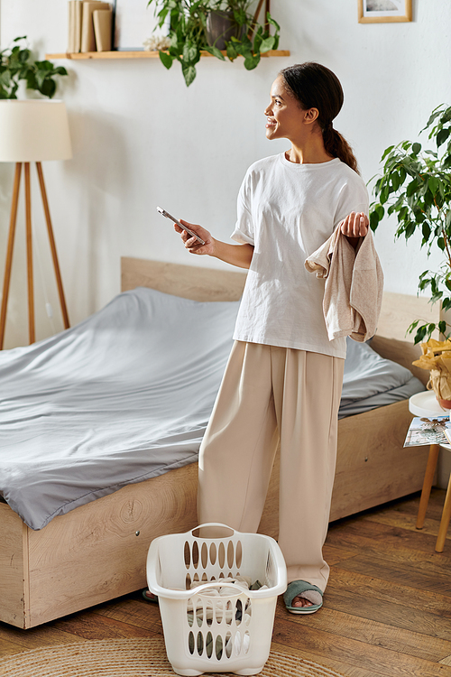 In a stylish apartment, a young woman tackles her cleaning tasks with a cheerful demeanor.