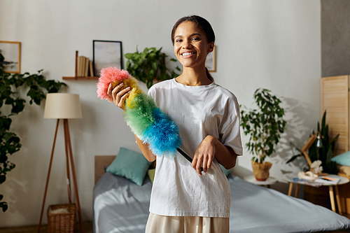 A young African American woman smiles while cleaning her stylish apartment, embracing daily chores.