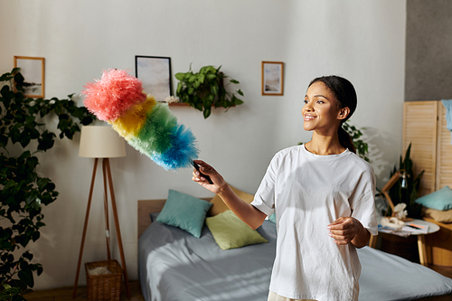 Young woman joyfully dusting her stylish living space, showcasing a tidy home and vibrant decor.