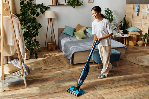 A young Black woman cleans her modern apartment, adding brightness to her home.