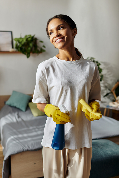 A young woman joyfully cleans her modern apartment, highlighting her daily routine.