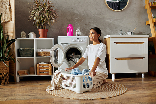 In a modern apartment, a young woman takes a break while folding laundry, surrounded by clean decor.