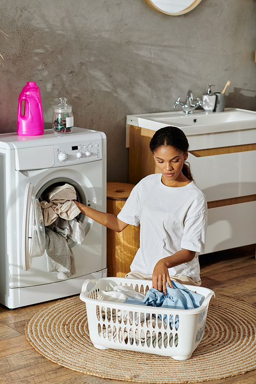 A young African American woman works on her house cleaning tasks, creating a tidy home.